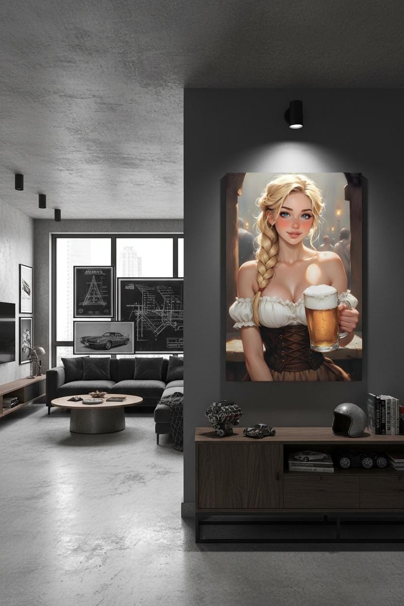 16K HD Oktoberfest Poster Print Vintage Style Beer Girl Illustration Pub Wall Decor