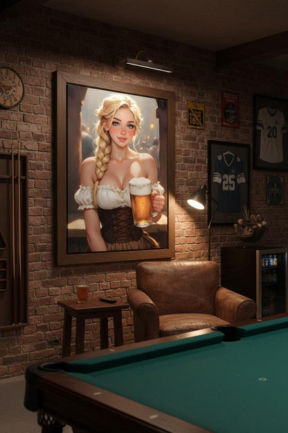 16K HD Oktoberfest Poster Print Vintage Style Beer Girl Illustration Pub Wall Decor