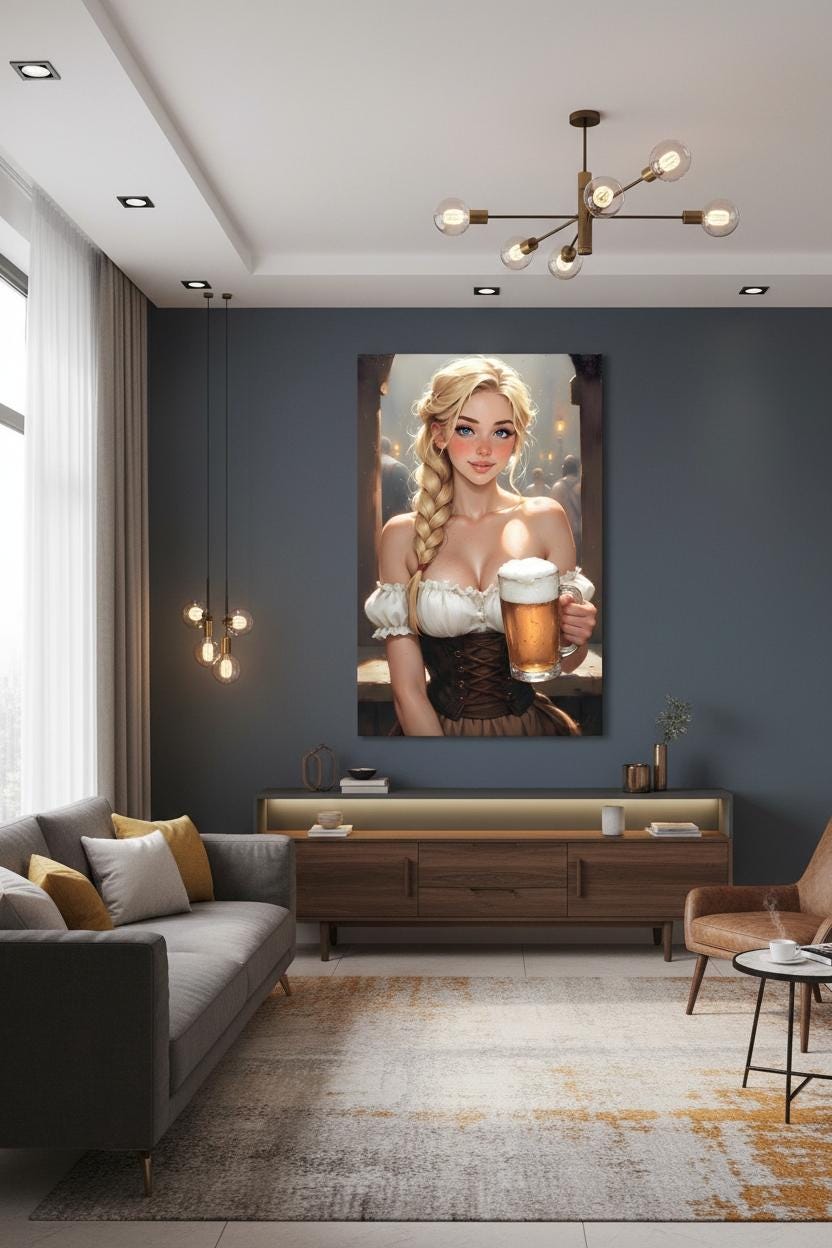 16K HD Oktoberfest Poster Print Vintage Style Beer Girl Illustration Pub Wall Decor