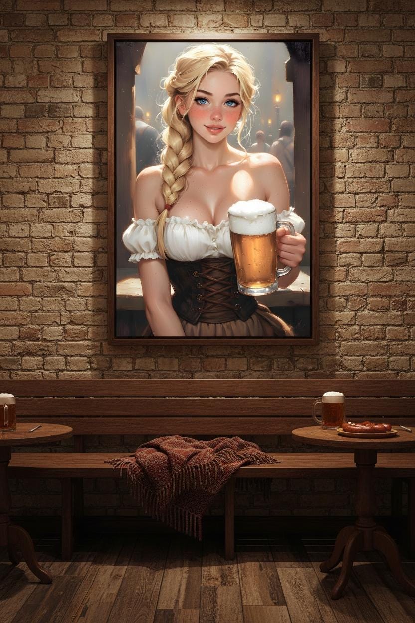 16K HD Oktoberfest Poster Print Vintage Style Beer Girl Illustration Pub Wall Decor