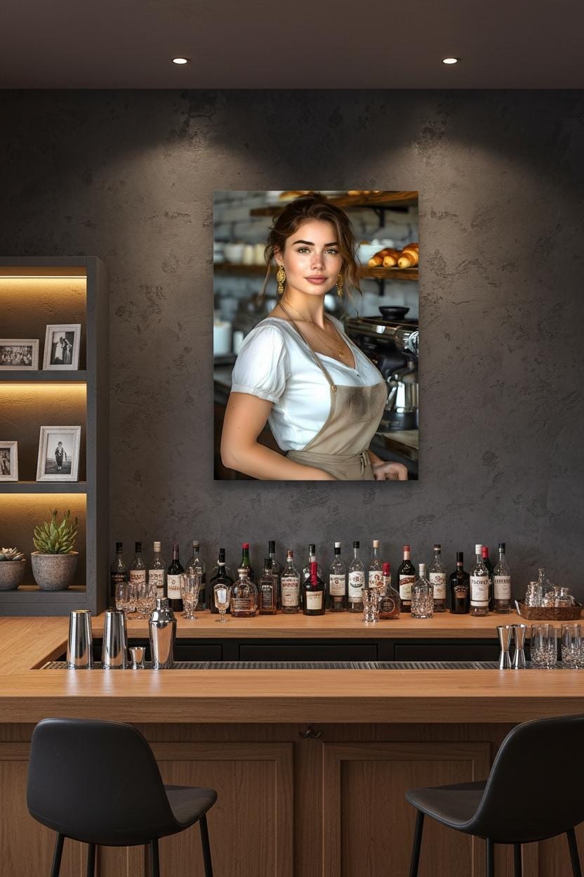 Female Barista Portrait, 16K HD Statement Piece, Modern Bakery Wall Art, Coffee Shop Poster, Espresso Bar Decor, Gourmet Kitchen Print