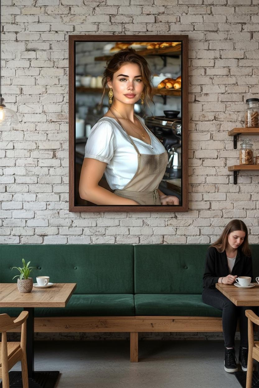 Female Barista Portrait, 16K HD Statement Piece, Modern Bakery Wall Art, Coffee Shop Poster, Espresso Bar Decor, Gourmet Kitchen Print