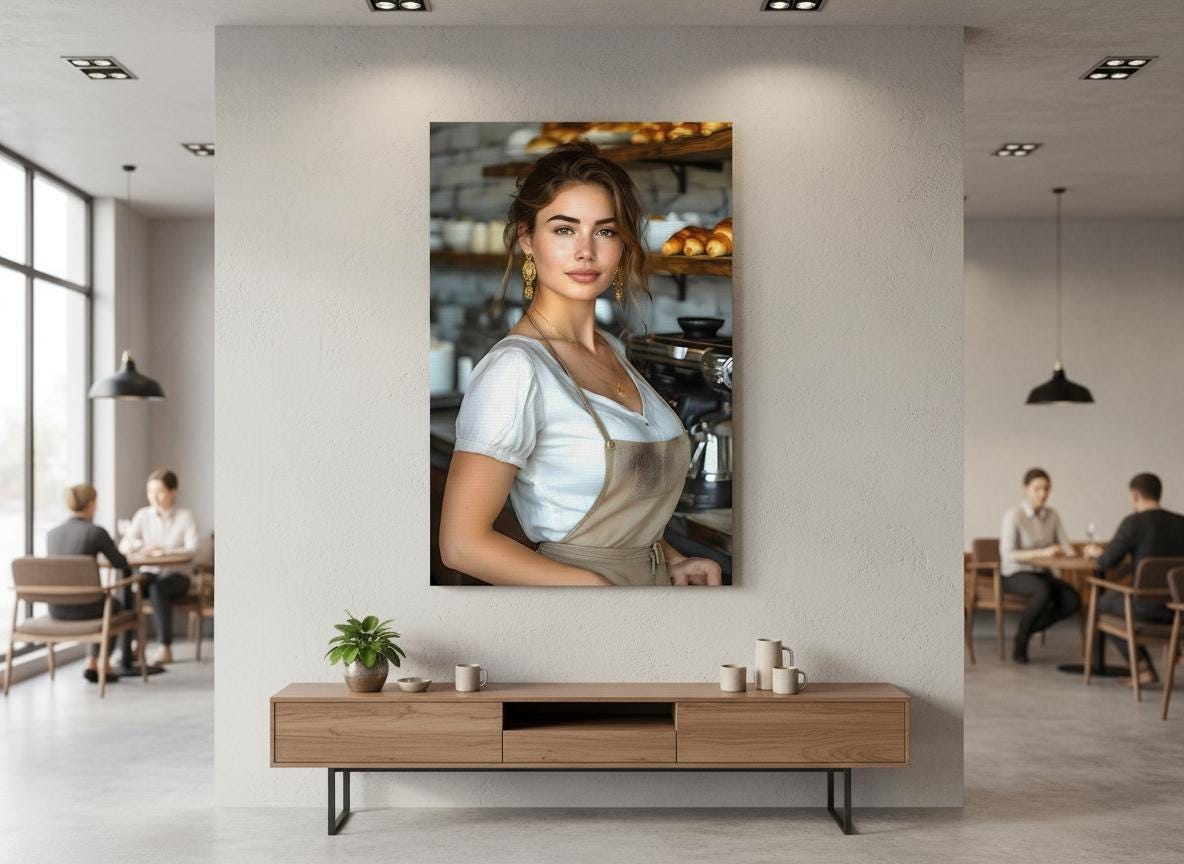 Female Barista Portrait, 16K HD Statement Piece, Modern Bakery Wall Art, Coffee Shop Poster, Espresso Bar Decor, Gourmet Kitchen Print