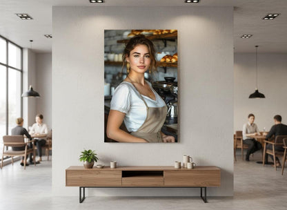 Female Barista Portrait, 16K HD Statement Piece, Modern Bakery Wall Art, Coffee Shop Poster, Espresso Bar Decor, Gourmet Kitchen Print