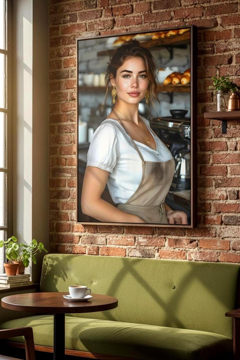 Female Barista Portrait, 16K HD Statement Piece, Modern Bakery Wall Art, Coffee Shop Poster, Espresso Bar Decor, Gourmet Kitchen Print