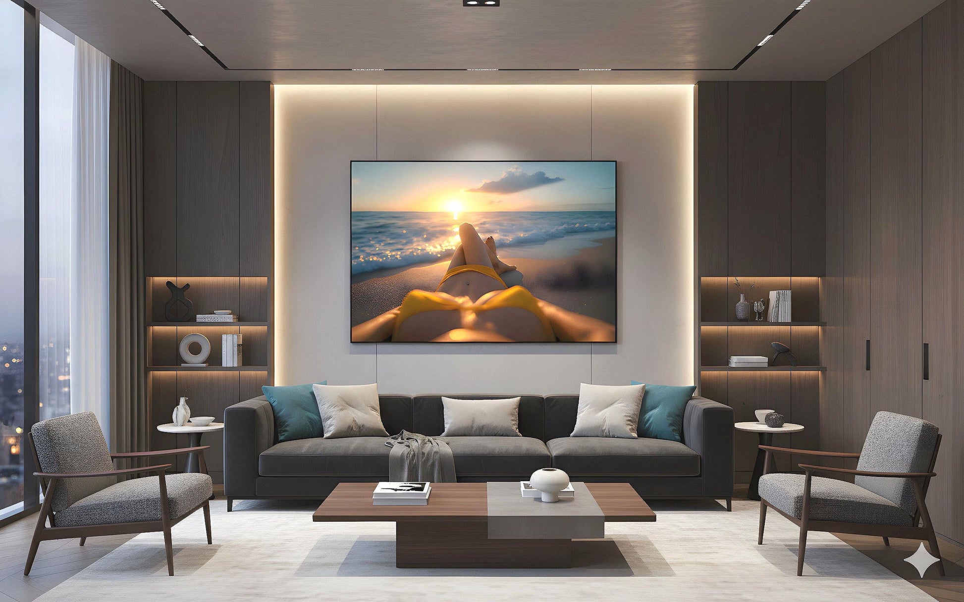 16K HD Yellow Bikini Retro Poster perfect for a Vibrant Ocean Inspired Gallery Wall or Den