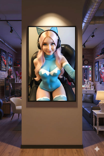 Pink Haired Streamer | Video Game Fan Art | 16K Ultra HD Poster Print | Media Room Bedroom Decor | Modern Pinup | Free US Shipping!