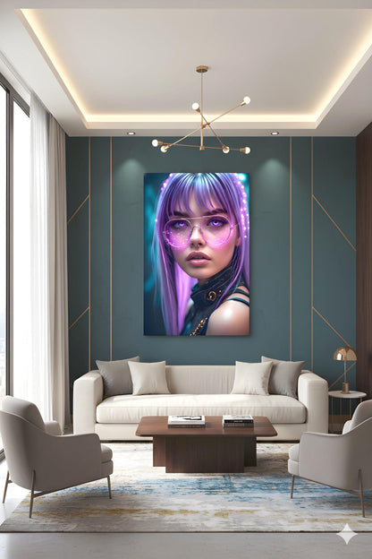 Lavender Haired Agent | Pink Glow Glasses | 16K Ultra HD Poster Print | Cybernetic Woman Art | Synth Wave Vibe | Free US Shipping!