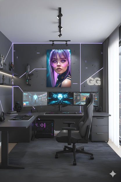 Lavender Haired Agent | Pink Glow Glasses | 16K Ultra HD Poster Print | Cybernetic Woman Art | Synth Wave Vibe | Free US Shipping!