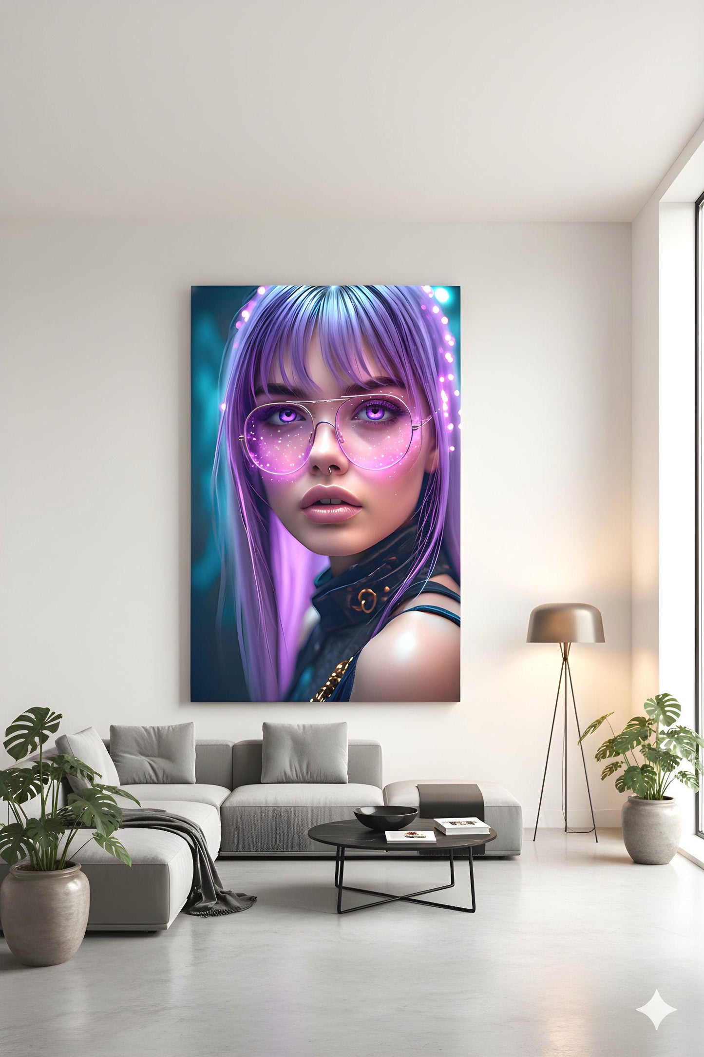 Lavender Haired Agent | Pink Glow Glasses | 16K Ultra HD Poster Print | Cybernetic Woman Art | Synth Wave Vibe | Free US Shipping!