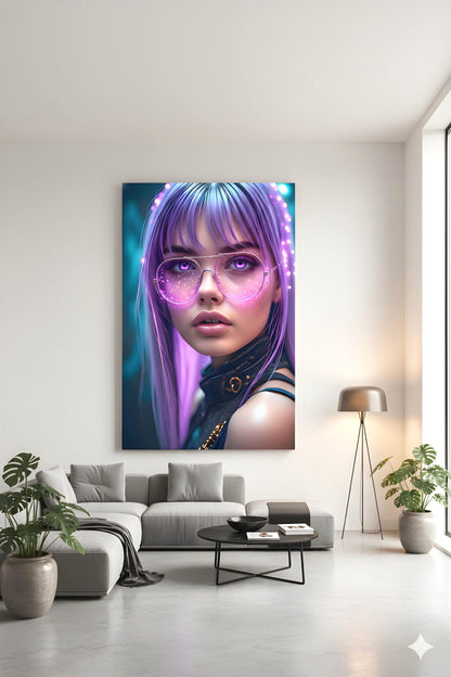 Lavender Haired Agent | Pink Glow Glasses | 16K Ultra HD Poster Print | Cybernetic Woman Art | Synth Wave Vibe | Free US Shipping!