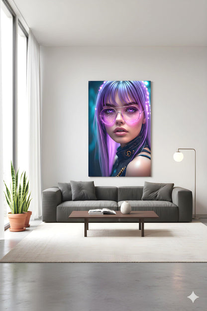 Lavender Haired Agent | Pink Glow Glasses | 16K Ultra HD Poster Print | Cybernetic Woman Art | Synth Wave Vibe | Free US Shipping!