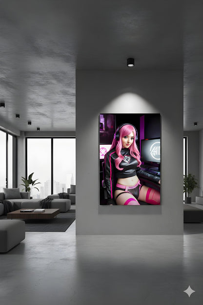 Pink Haired Streamer | E-Sports Focus | 16K Ultra HD Poster | Office Gamer Decor | Ideal Streamer Present | Free US Shipping!