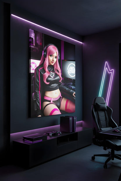 Pink Haired Streamer | E-Sports Focus | 16K Ultra HD Poster | Office Gamer Decor | Ideal Streamer Present | Free US Shipping!