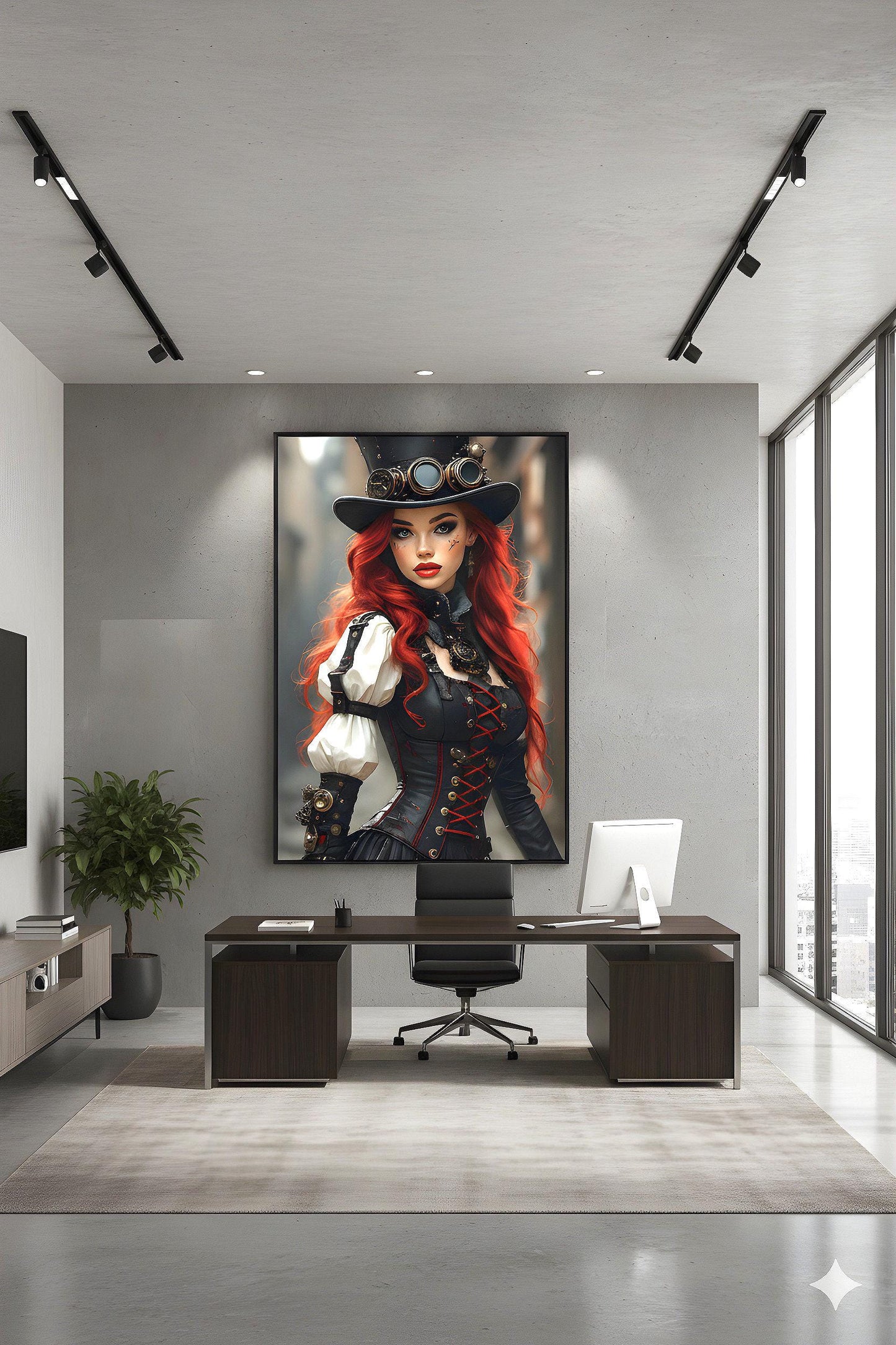 Steampunk Redhead Pin Up | Alternative Subculture Theme | 16K Ultra HD Rolled Poster | Fantasy Portrait Display | Aura | Free US Shipping!