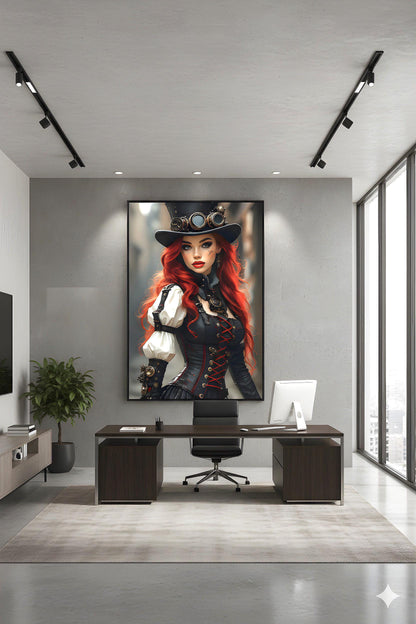 Steampunk Redhead Pin Up | Alternative Subculture Theme | 16K Ultra HD Rolled Poster | Fantasy Portrait Display | Aura | Free US Shipping!
