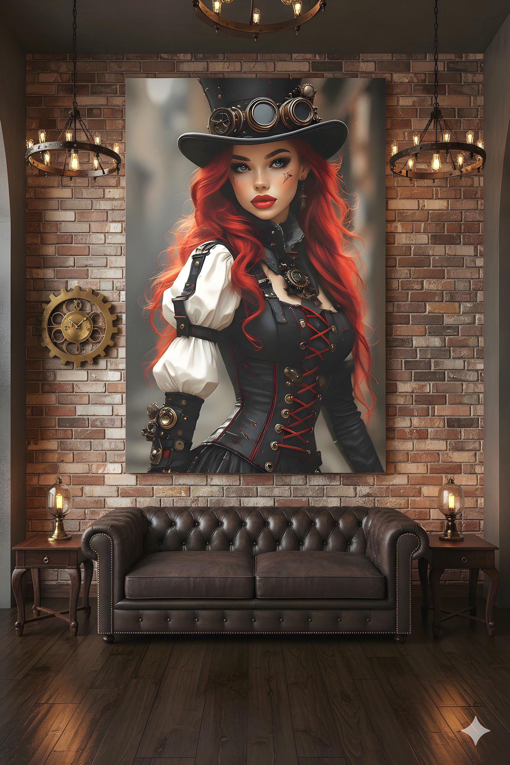 Steampunk Redhead Pin Up | Alternative Subculture Theme | 16K Ultra HD Rolled Poster | Fantasy Portrait Display | Aura | Free US Shipping!