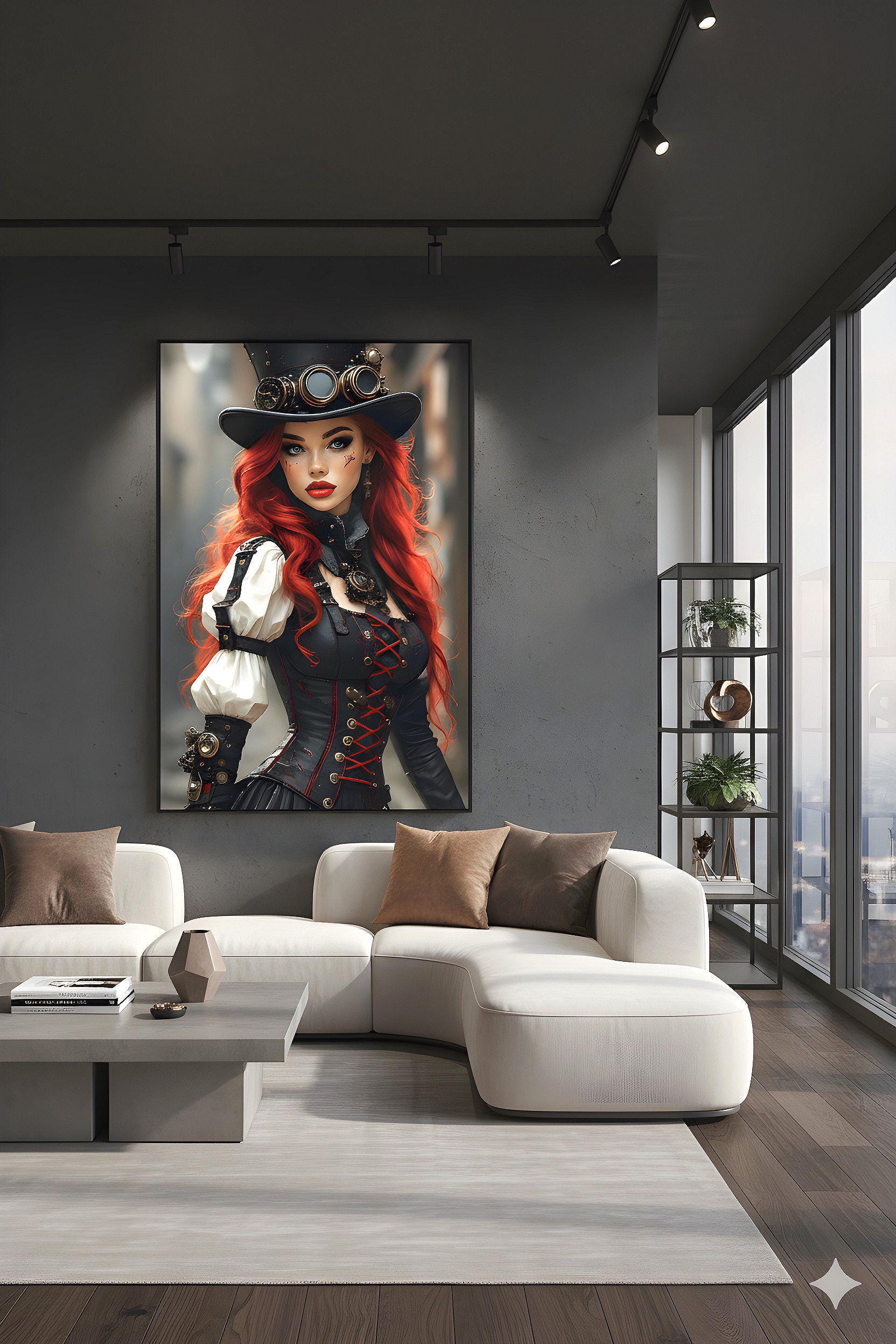 Steampunk Redhead Pin Up | Alternative Subculture Theme | 16K Ultra HD Rolled Poster | Fantasy Portrait Display | Aura | Free US Shipping!