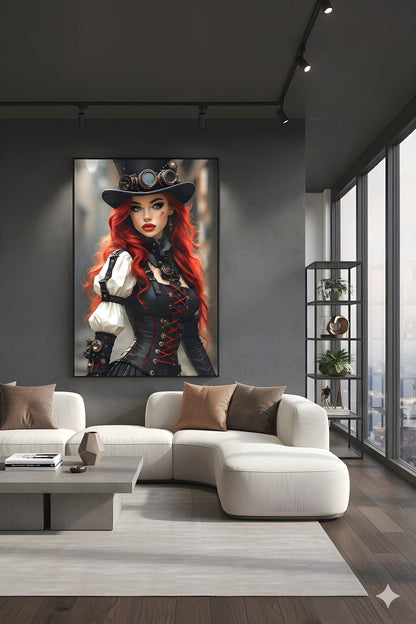 Steampunk Redhead Pin Up | Alternative Subculture Theme | 16K Ultra HD Rolled Poster | Fantasy Portrait Display | Aura | Free US Shipping!