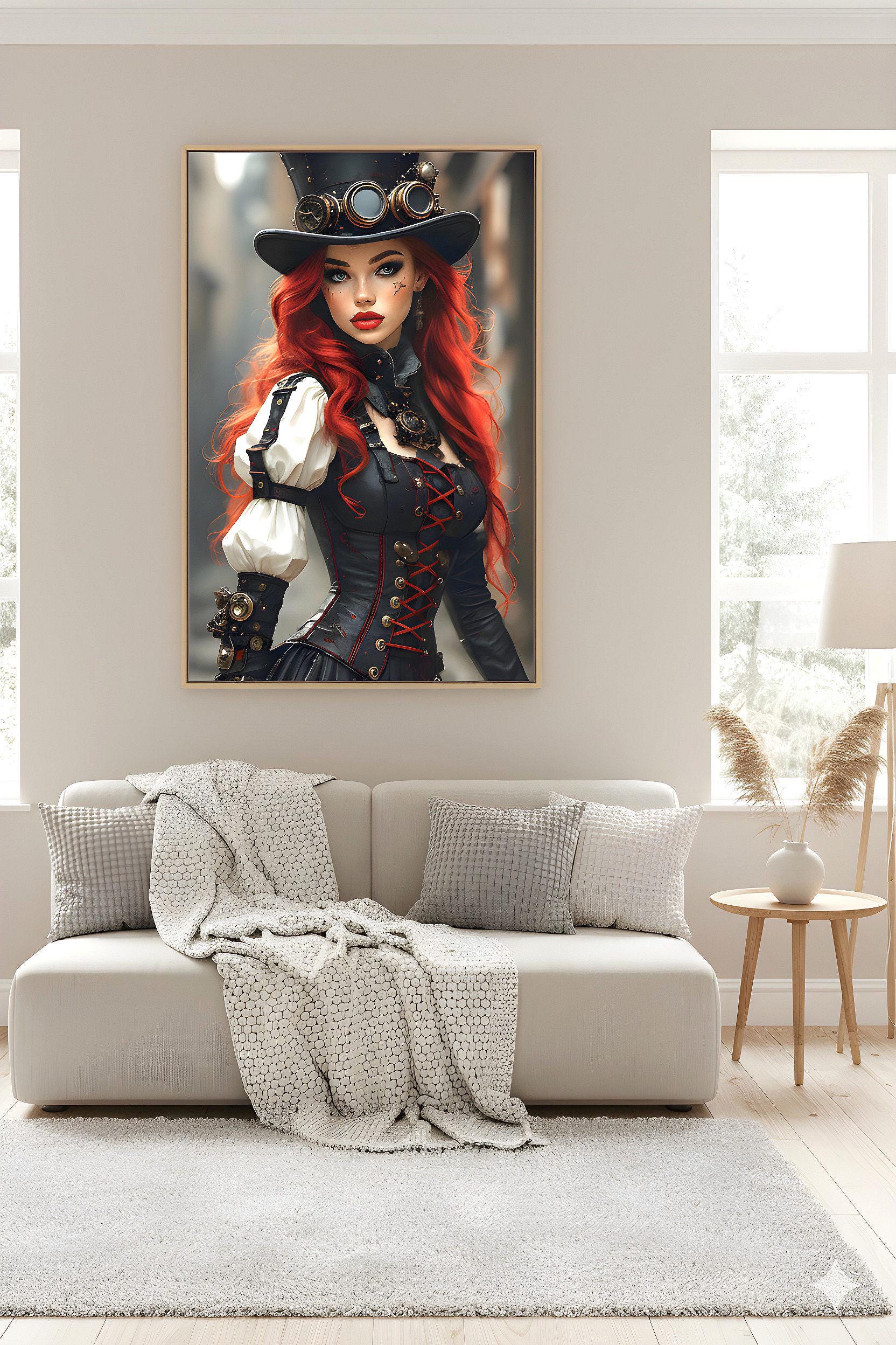Steampunk Redhead Pin Up | Alternative Subculture Theme | 16K Ultra HD Rolled Poster | Fantasy Portrait Display | Aura | Free US Shipping!