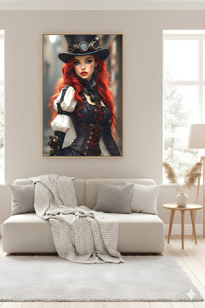 Steampunk Redhead Pin Up | Alternative Subculture Theme | 16K Ultra HD Rolled Poster | Fantasy Portrait Display | Aura | Free US Shipping!