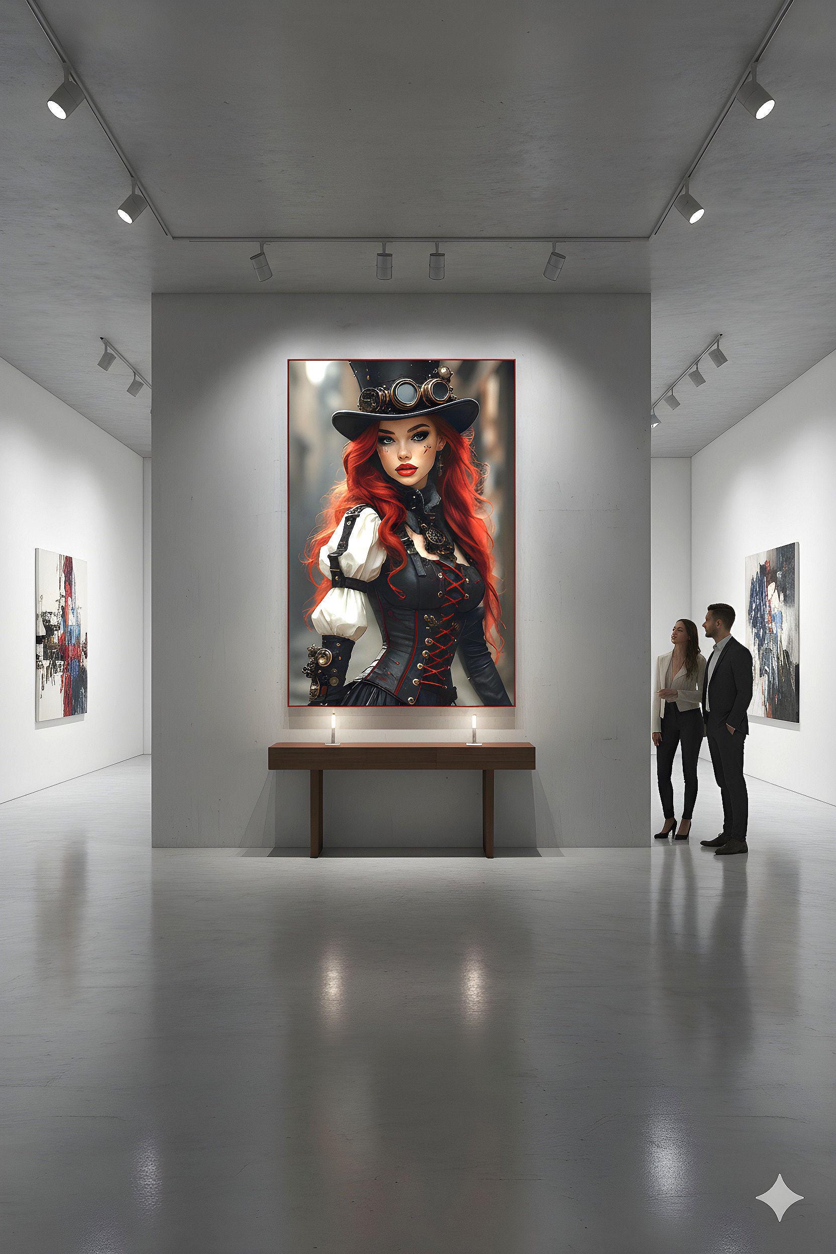 Steampunk Redhead Pin Up | Alternative Subculture Theme | 16K Ultra HD Rolled Poster | Fantasy Portrait Display | Aura | Free US Shipping!