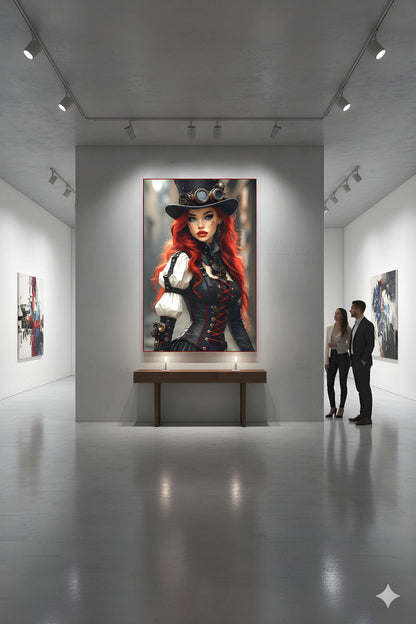 Steampunk Redhead Pin Up | Alternative Subculture Theme | 16K Ultra HD Rolled Poster | Fantasy Portrait Display | Aura | Free US Shipping!