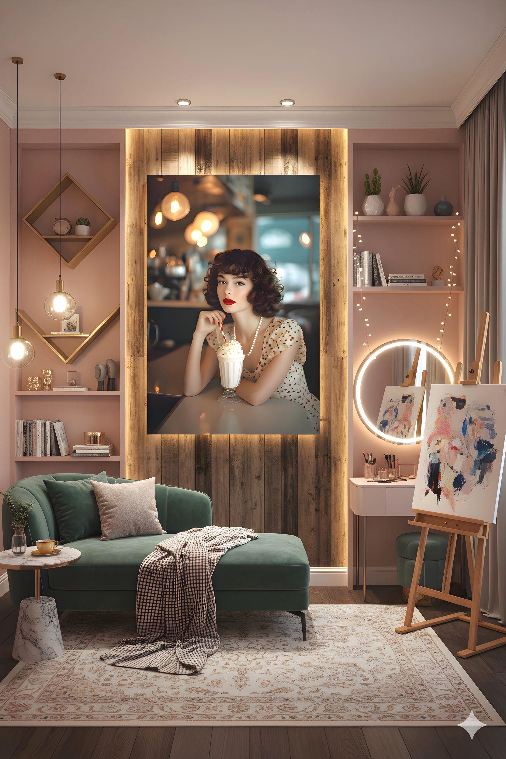 Milkshake Counter Pinup | Classic Retro Vibe Theme | 16K Ultra HD Rolled Poster | Nostalgic Kitchen Accent | Charm | Free US Shipping!