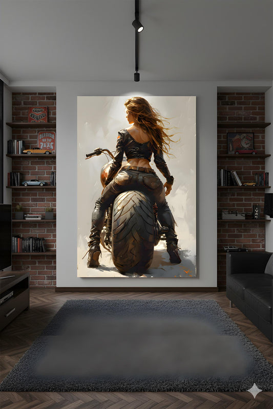 Woman Leather Biker | Artistic Motorcycle Pose | 16K Ultra HD Rolled Poster | Man Cave Accent | Style | Free US Shipping!