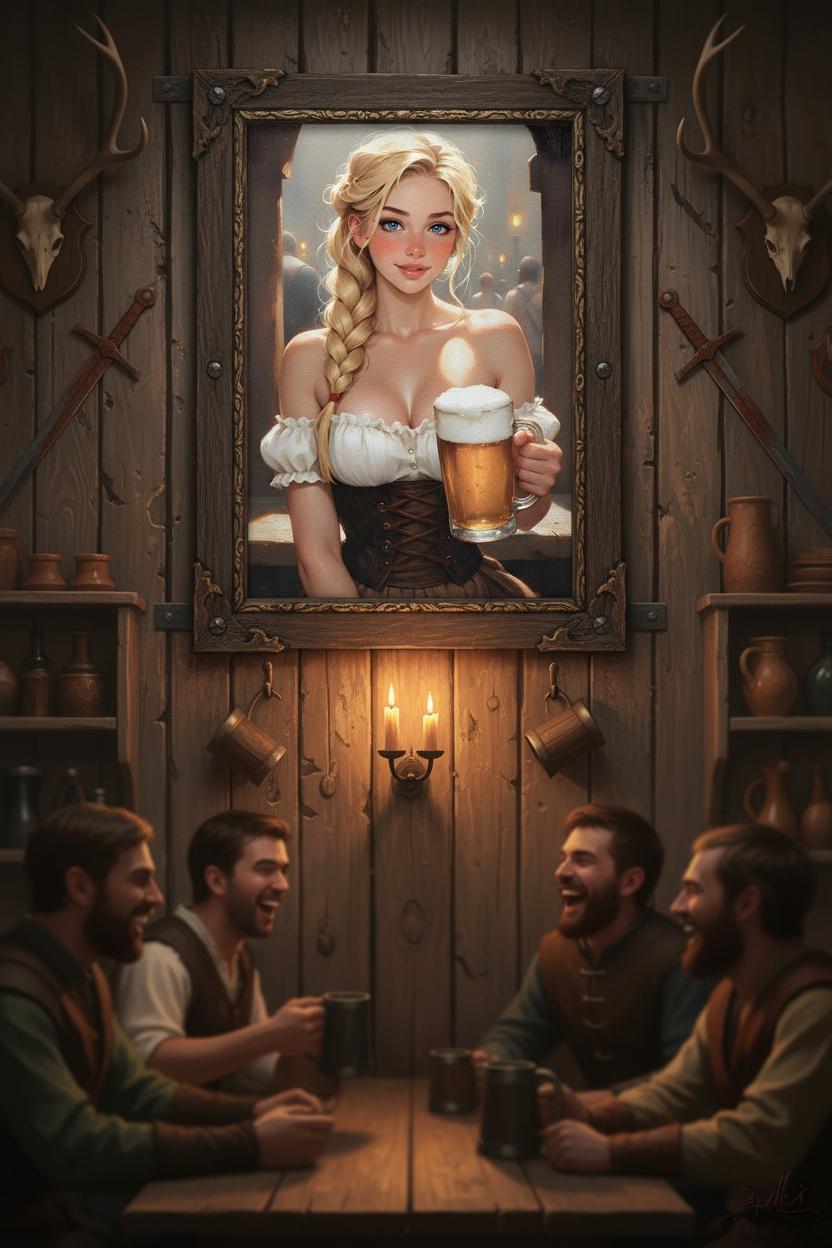 16K HD Oktoberfest Poster Print Vintage Style Beer Girl Illustration Pub Wall Decor