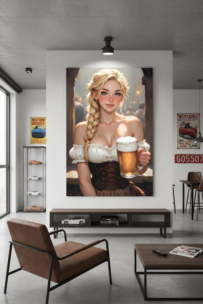 16K HD Oktoberfest Poster Print Vintage Style Beer Girl Illustration Pub Wall Decor