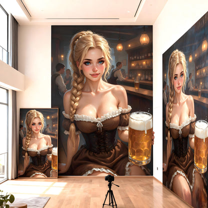 Barmaid Close-Up Portrait | Oktoberfest Pin-Up Art | 16K Ultra HD Poster Print | Tavern Bar Decor | Cave Statement Piece | Free US Shipping!