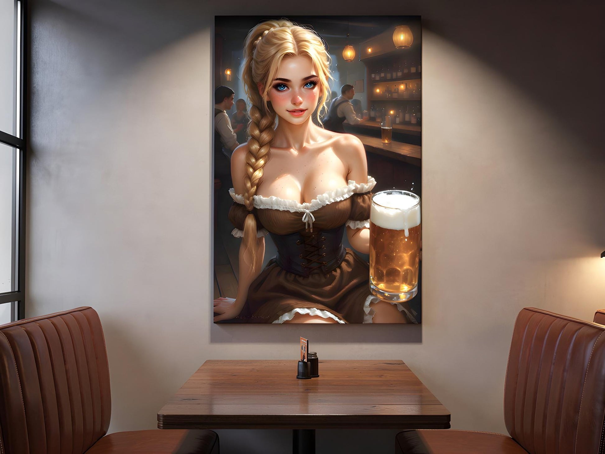 Barmaid Close-Up Portrait | Oktoberfest Pin-Up Art | 16K Ultra HD Poster Print | Tavern Bar Decor | Cave Statement Piece | Free US Shipping!