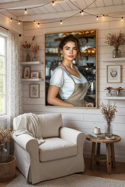 Female Barista Portrait, 16K HD Statement Piece, Modern Bakery Wall Art, Coffee Shop Poster, Espresso Bar Decor, Gourmet Kitchen Print