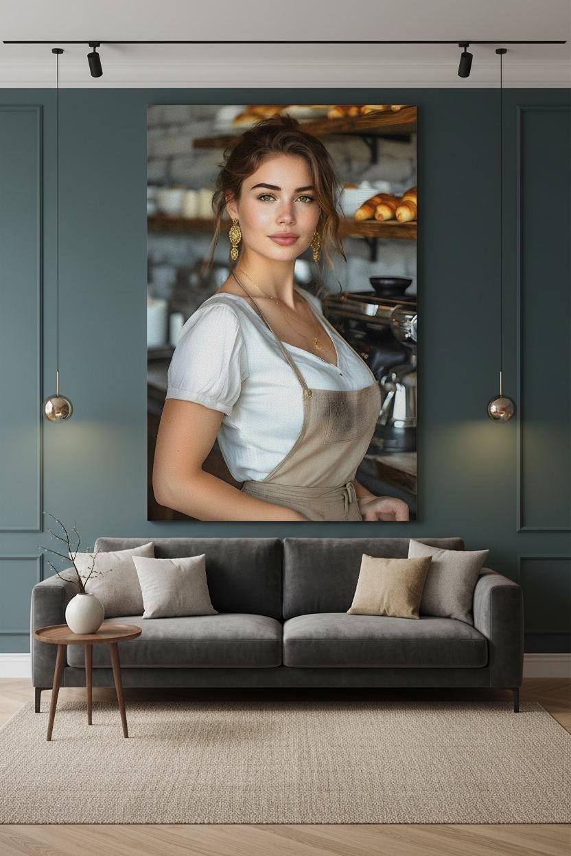 Female Barista Portrait, 16K HD Statement Piece, Modern Bakery Wall Art, Coffee Shop Poster, Espresso Bar Decor, Gourmet Kitchen Print