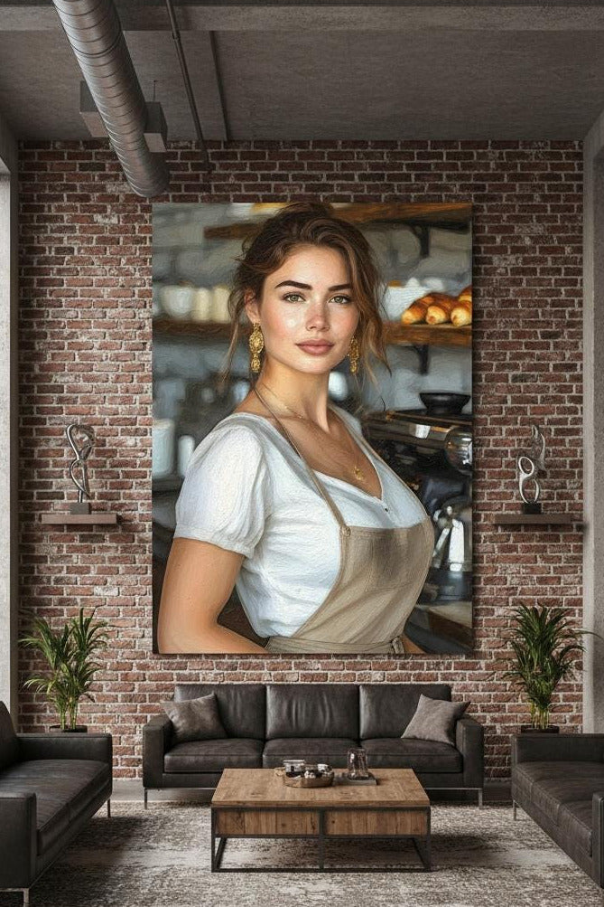 Female Barista Portrait, 16K HD Statement Piece, Modern Bakery Wall Art, Coffee Shop Poster, Espresso Bar Decor, Gourmet Kitchen Print