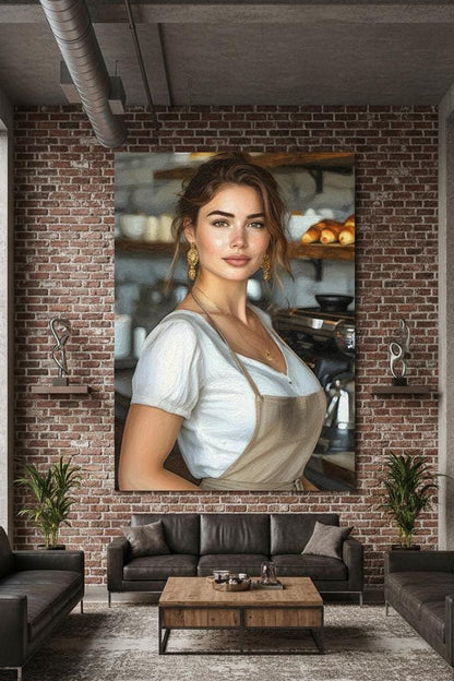 Female Barista Portrait, 16K HD Statement Piece, Modern Bakery Wall Art, Coffee Shop Poster, Espresso Bar Decor, Gourmet Kitchen Print
