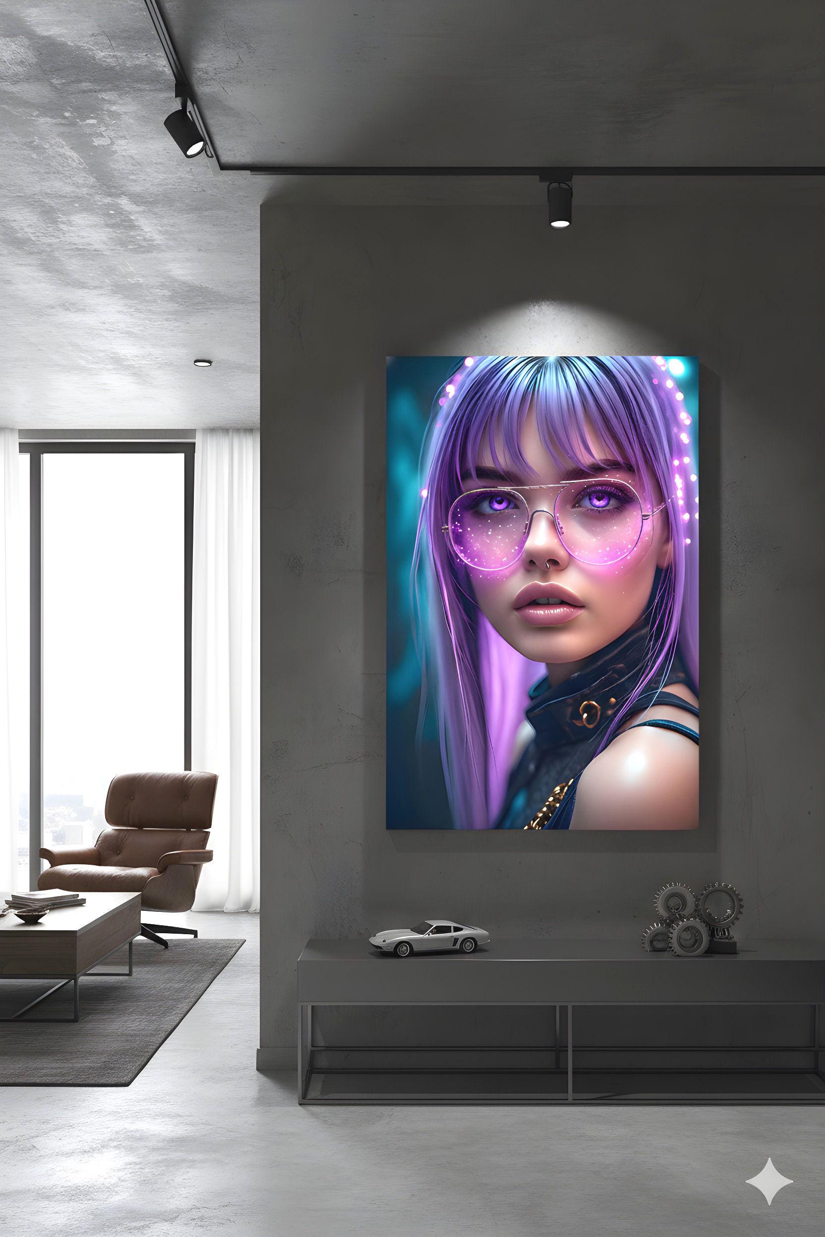 Lavender Haired Agent | Pink Glow Glasses | 16K Ultra HD Poster Print | Cybernetic Woman Art | Synth Wave Vibe | Free US Shipping!