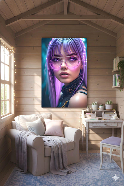 Lavender Haired Agent | Pink Glow Glasses | 16K Ultra HD Poster Print | Cybernetic Woman Art | Synth Wave Vibe | Free US Shipping!