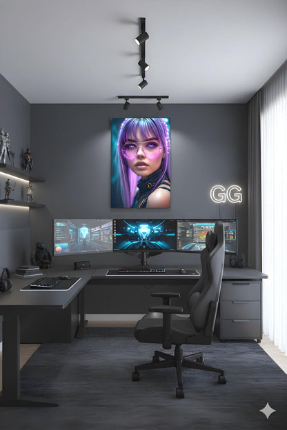 Lavender Haired Agent | Pink Glow Glasses | 16K Ultra HD Poster Print | Cybernetic Woman Art | Synth Wave Vibe | Free US Shipping!