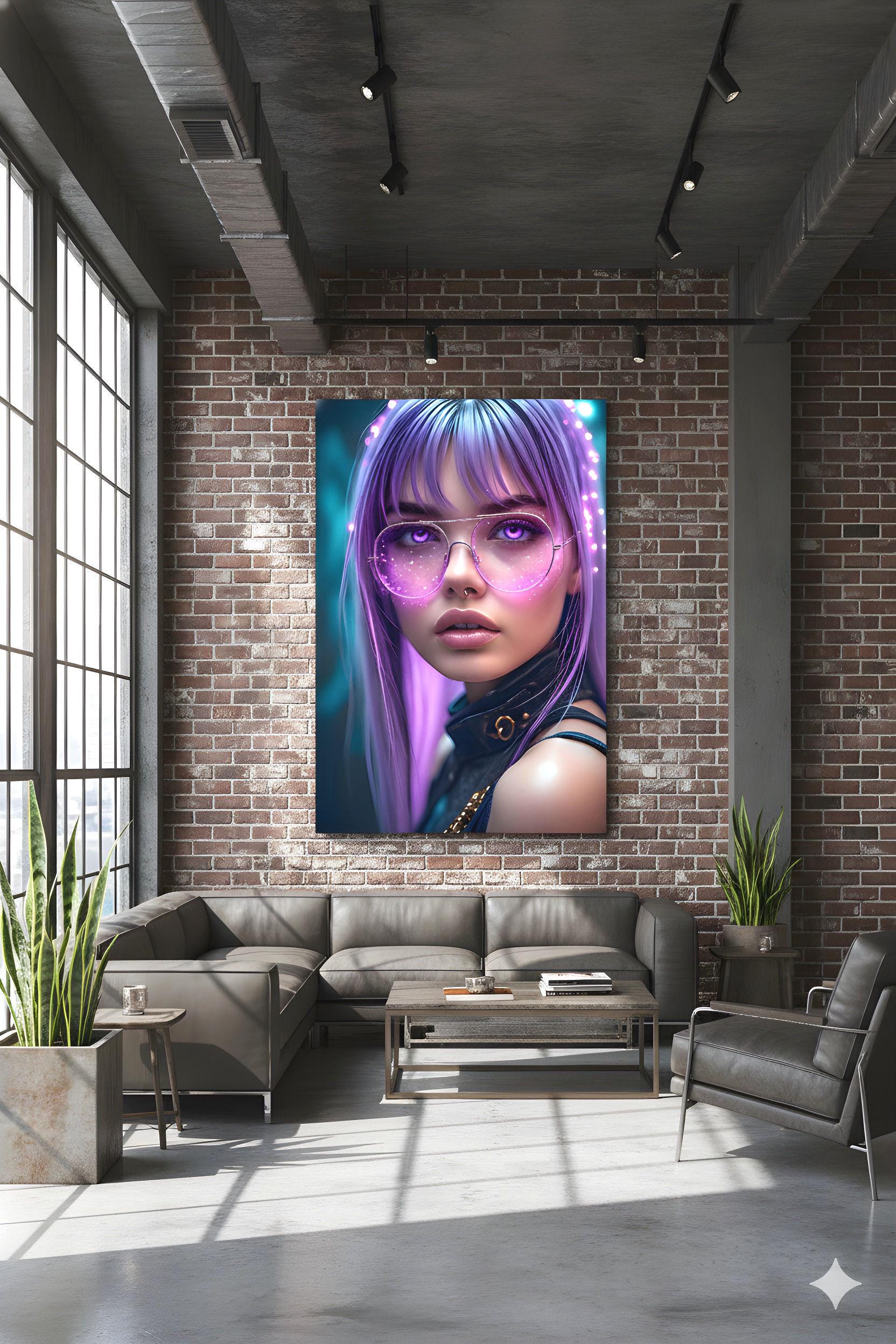 Lavender Haired Agent | Pink Glow Glasses | 16K Ultra HD Poster Print | Cybernetic Woman Art | Synth Wave Vibe | Free US Shipping!