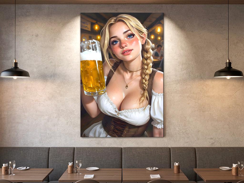 May include: Digital art print of a woman in traditional German attire, holding a large pint of beer. She has blonde hair in a braid and wears a white blouse, brown corset, and a necklace. The background depicts a pub interior.