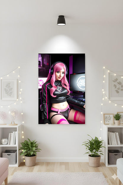 Pink Haired Streamer | E-Sports Focus | 16K Ultra HD Poster | Office Gamer Decor | Ideal Streamer Present | Free US Shipping!