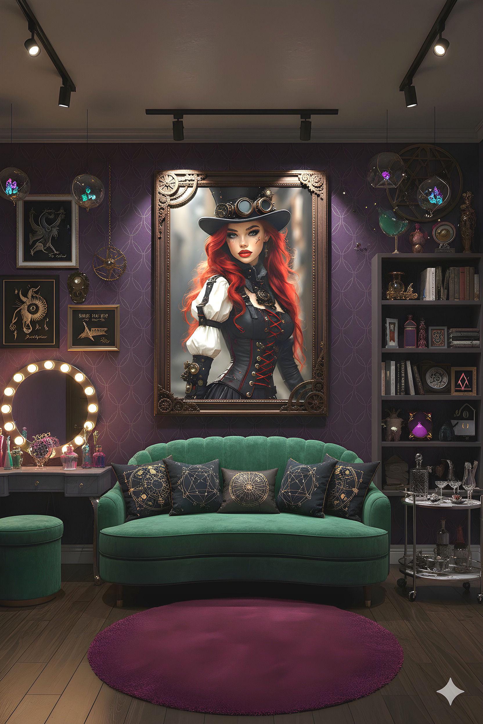 Steampunk Redhead Pin Up | Alternative Subculture Theme | 16K Ultra HD Rolled Poster | Fantasy Portrait Display | Aura | Free US Shipping!