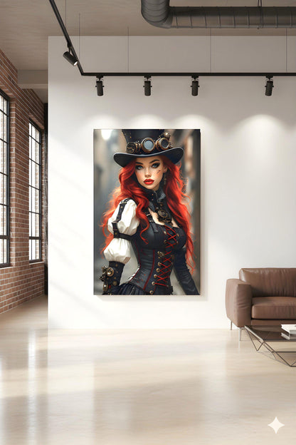Steampunk Redhead Pin Up | Alternative Subculture Theme | 16K Ultra HD Rolled Poster | Fantasy Portrait Display | Aura | Free US Shipping!