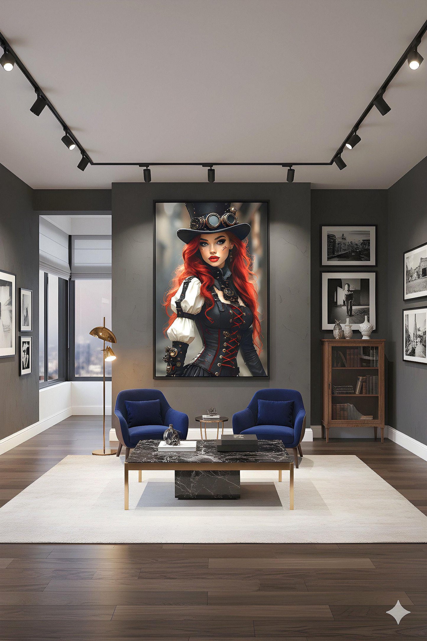 Steampunk Redhead Pin Up | Alternative Subculture Theme | 16K Ultra HD Rolled Poster | Fantasy Portrait Display | Aura | Free US Shipping!