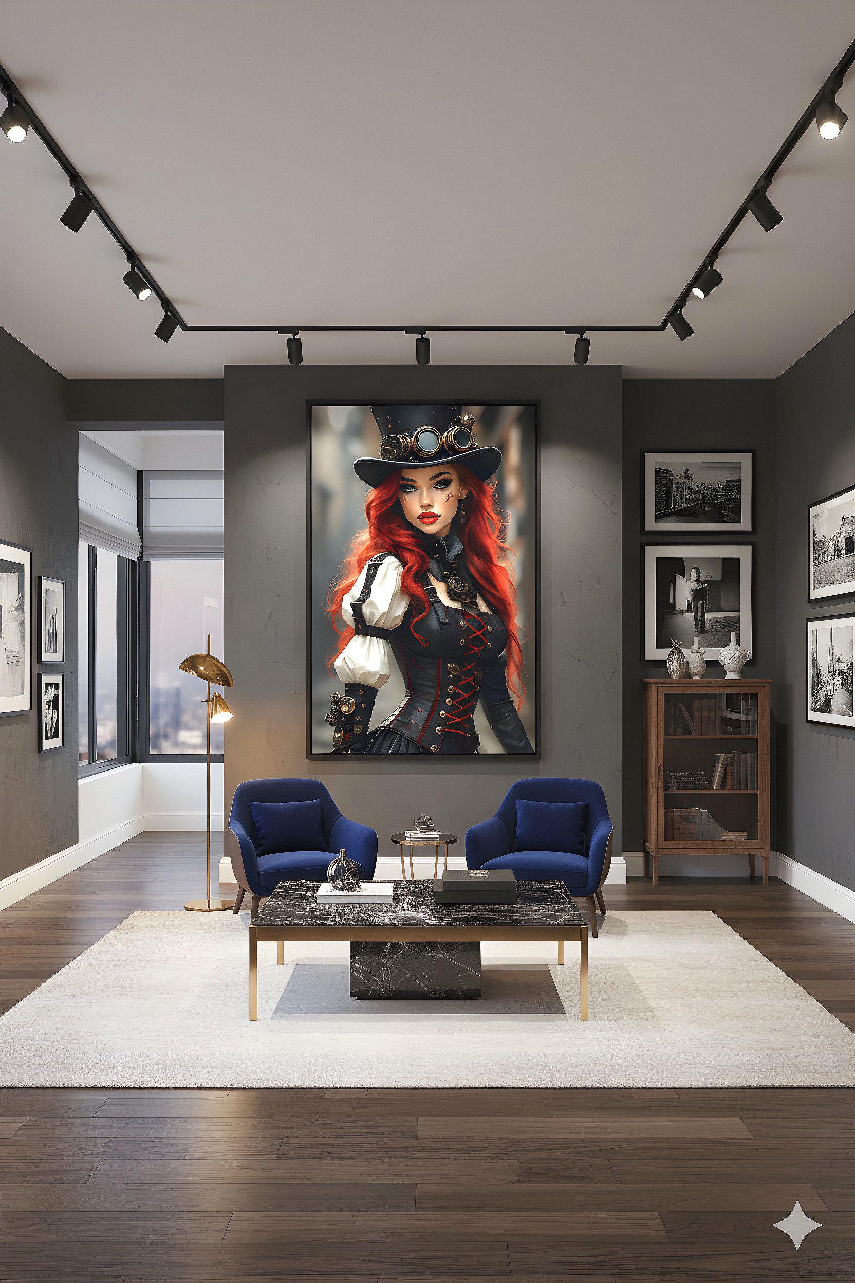 Steampunk Redhead Pin Up | Alternative Subculture Theme | 16K Ultra HD Rolled Poster | Fantasy Portrait Display | Aura | Free US Shipping!