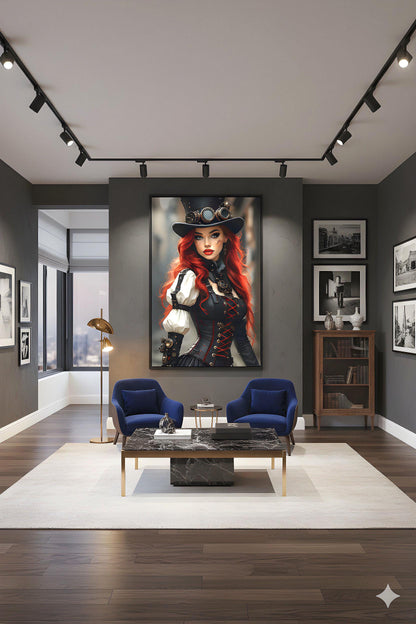 Steampunk Redhead Pin Up | Alternative Subculture Theme | 16K Ultra HD Rolled Poster | Fantasy Portrait Display | Aura | Free US Shipping!