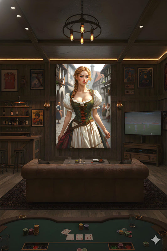 Maiden In Corset Dress | Fantasy Village Scene Theme | 16K Ultra HD Rolled Poster | Hobby Room Accent | Quest | Free US Shipping!