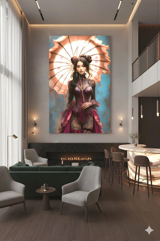 Figure In Crimson Dress | Steampunk Cosplay Vibe Theme | 16K Ultra HD Rolled Poster | Hobby Room Accent | Style | Free US Shipping!